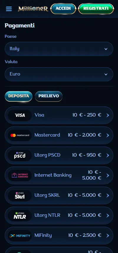 Millioner Casino Metodi di Pagamento